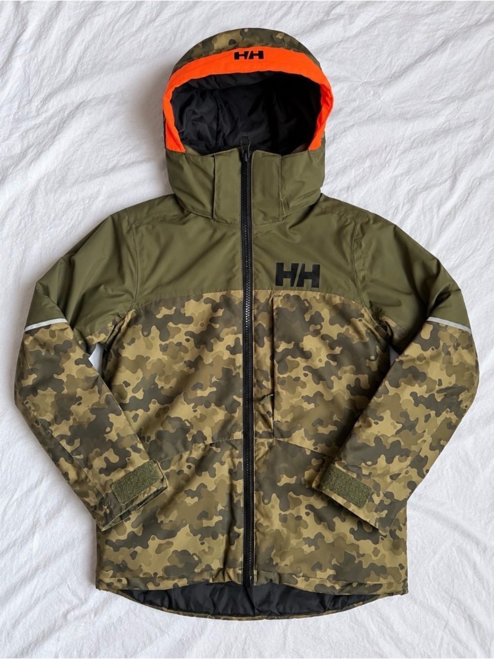 Helly Hansen Kids Camo Hooded Winter Jacket - Olive & Orange Size 8